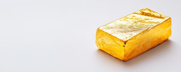 Close-up of a golden ingot on a white backdrop, with crisp details and bright reflections, representing high value, luxury, and financial security