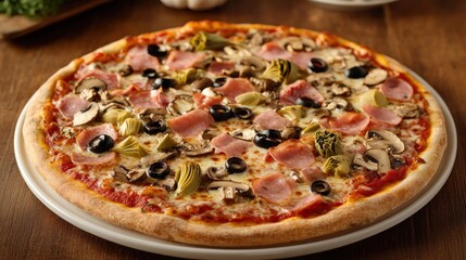 Appetizing Gourmet Pizza with Ham, Mushrooms and Olives
