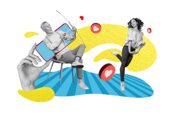 Sketch retro creative 3d collage of happy people cupid amour archer hold bow valentine day flirt cute girl isolated on drawing background