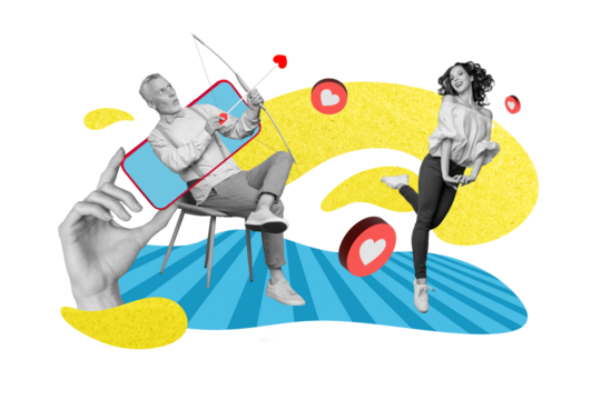 Sketch retro creative 3d collage of happy people cupid amour archer hold bow valentine day flirt cute girl isolated on drawing background - Powered by Adobe