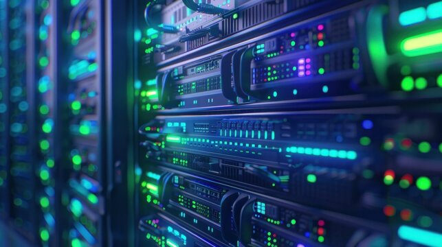 Abstract view of a data center with illuminated server racks in various colors, showcasing advanced technology and digital connectivity