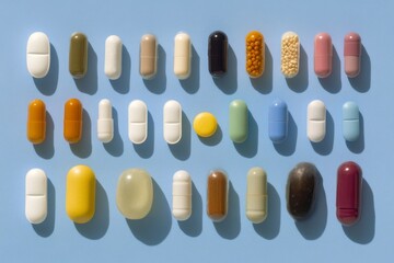 Obraz premium Array of Colorful Pills and Capsules on Blue Background