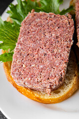 sandwich spam meat fresh meal food snack on the table copy space food background rustic top view