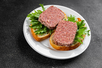 sandwich spam meat fresh meal food snack on the table copy space food background rustic top view