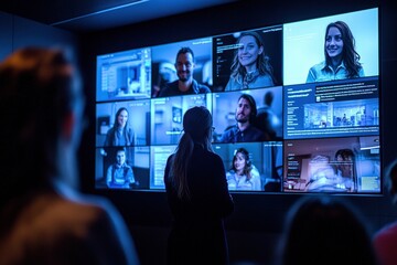 A group of professionals focuses on various user interaction displays in a high-tech control room during an evening session, analyzing data and insights collaboratively