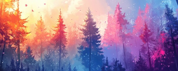 Fototapeta premium Fantasy Forest with Christmas Trees in the Sky, Colorful Digital Art Style Illustration