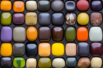 Grid of colorful pills on a white background.