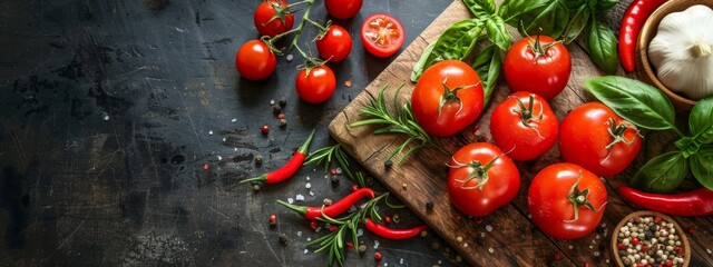 Fresh tomatoes and herbs on rustic cutting board