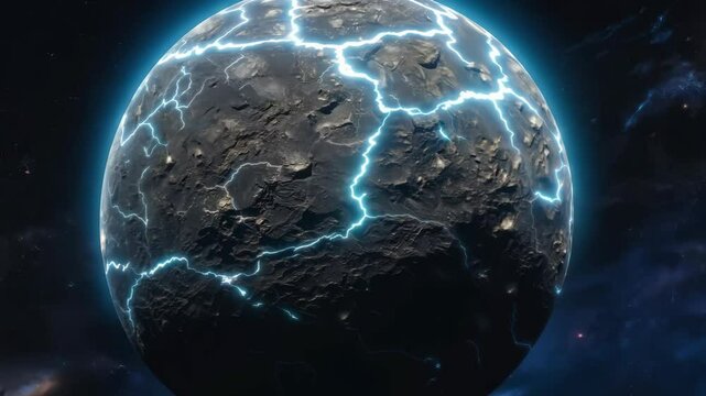 Large asteroid with detailed surface textures and glowing cracks hurtling through space