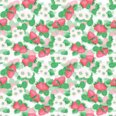 Hand drawn watercolor ripe strawberry with green leaves and blossom seamless pattern isolated on white background. Can be used for textile, fabric and other printed products.