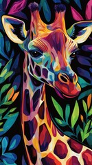 Obraz premium Colorful artistic illustration of a giraffe surrounded by vibrant foliage, perfect for wildlife and nature-themed projects.