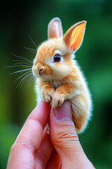 Mini micro cute baby rabbit sitting on the tip of someones fingers.