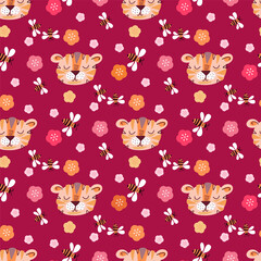 Cute hand drawn  seamless pattern with  cartoon tiger , bee and flower, herbs  Hand drawn art  background  Vector illustration for kids
