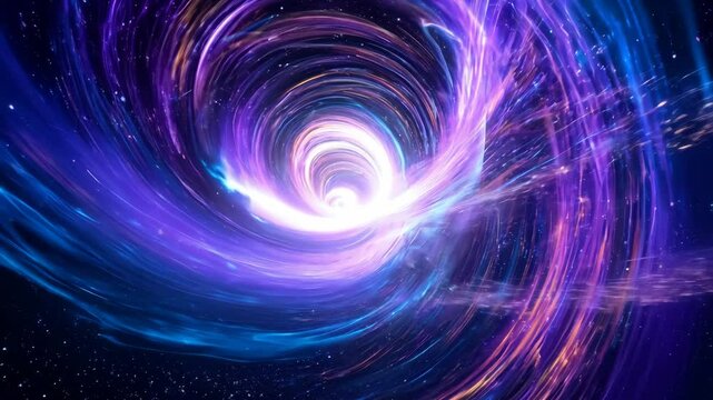 Glowing wormhole opening with spiraling energy pulling stars into its center