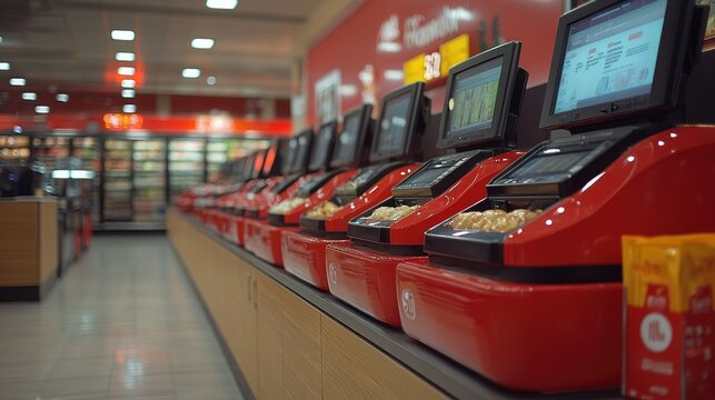 Row of red self-checkout counters with touch screen displays in supermarket