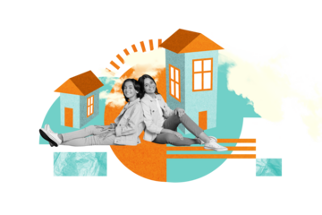 Creative photo banner collage picture of small brother sister relocation new apartment parents buy new house isolated over drawn background