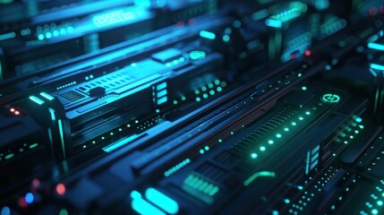 Futuristic server room with glowing blue and green LED lights, showcasing advanced technology in a dark environment