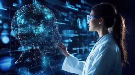 A scientist interacting with AI to analyze complex data, a blend of human intuition and machine precision.