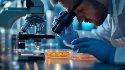 A scientist observing a biological experiment with a microscope, Petri dishes, and living cells, intense focus.