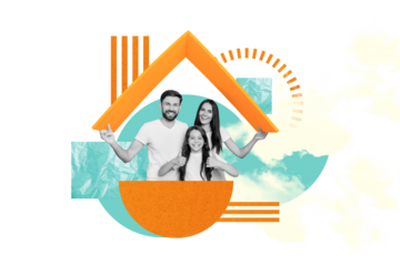 Composite funny collage of three people family parents buy new home schoolgirl kid rate thumbs up comfort isolated on beige background