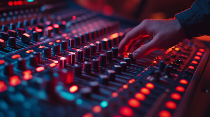 Obraz premium hand of sound engineer mixing music on audio mixer tools, song mixing and mastering