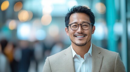 A smiling man wearing glasses and a beige jacket stands on a city street, epitomizing happiness and charisma while blending effortlessly into the urban landscape.