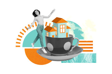 Collage metaphor of young funky owner customer new real estate promo residential complex inside cup...