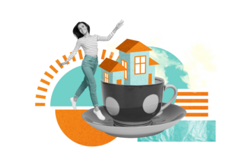 Collage metaphor of young funky owner customer new real estate promo residential complex inside cup coffee isolated on painting background