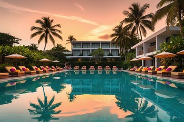 Fototapeta premium A serene sunset view of the luxury hotel's reflection on the calm surface of a turquoise swimming pool,