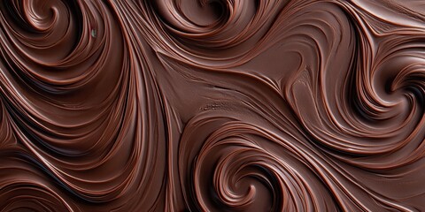 Naklejka premium A rich, swirled texture of melted chocolate, perfect for backgrounds or culinary themes, exuding indulgence and warmth.