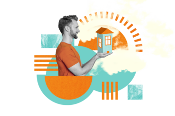 Side profile cadre collage illustration of confident guy hold building apartment loaner his first real estate isolated on drawn background