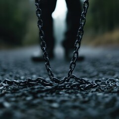 A close-up view of a chain lying on a gravel road, evoking themes of confinement and liberation in a moody atmosphere.
