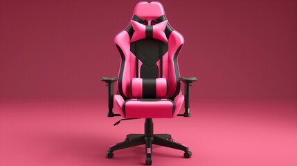 Modern pink and black gaming chair standing on pink background