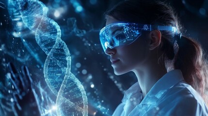 A scientist using wearable technology to interact with a virtual model of DNA, advanced biotech.