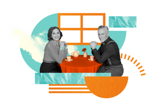 Artwork collage image of two black white colors people sit cafe table drink coffee painted window isolated on creative background