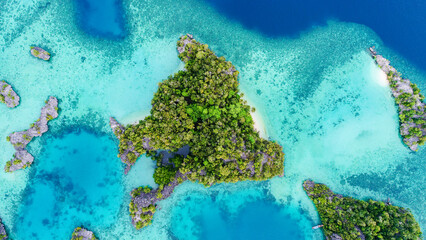 Beautiful coral reefs fringe the maze of dramatic limestone islands that rise from Raja Ampat's...