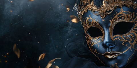 A stunning blue masquerade mask adorned with intricate gold decorations, set against a dark and mysterious backdrop.