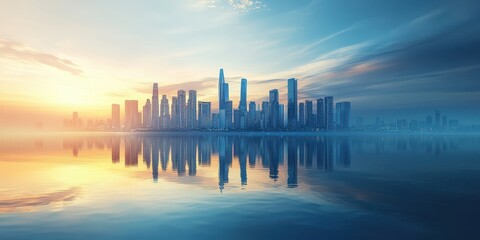 A stunning city skyline reflected in tranquil waters at dawn, showcasing modern architecture and vibrant colors of sunrise.