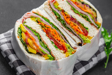 sandwich food layers vegetables and ham meat spam fresh meal snack on the table copy space food...