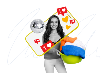 Collage photo banner of funny young woman do her homework housemaid blog about wife lifestyle phone screen isolated on blue background