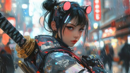 Obraz premium Young woman asian cyberpunk technology ninja cyborg futuristic character background wallpaper AI generated image