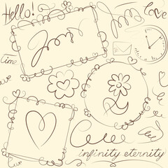 Vector seamless pattern - outline careless sketch elements: frames with squiggles and curls, hearts, stylized dove, envelope, flower, clock, inscriptions, scribbles, decorative elements.