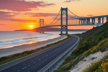Fototapeta premium Road landscape at sunset on the beach. 