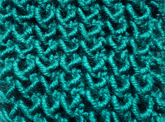 Texture of the pattern of wool turquoise color. Sample of the pattern close-up.