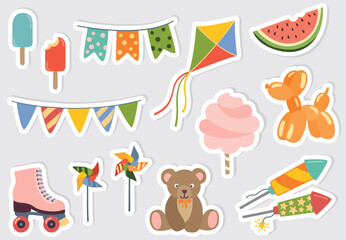 Set of cute stickers with сartoon fun fair objects. Vector flat illustration on gray isolated background