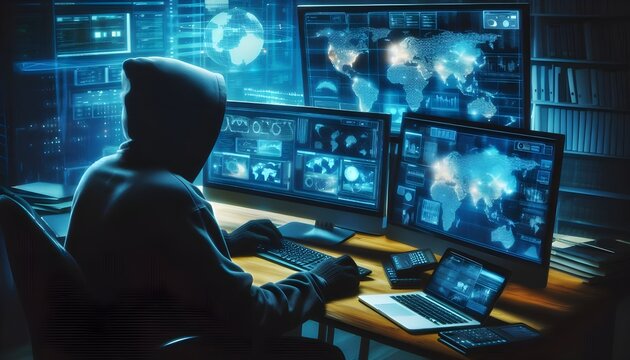 Hacker working on multiple computers with a digital world map overlay.