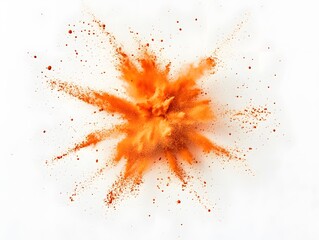 A burst of orange powder explodes against a white background, creating a dynamic and vibrant visual.