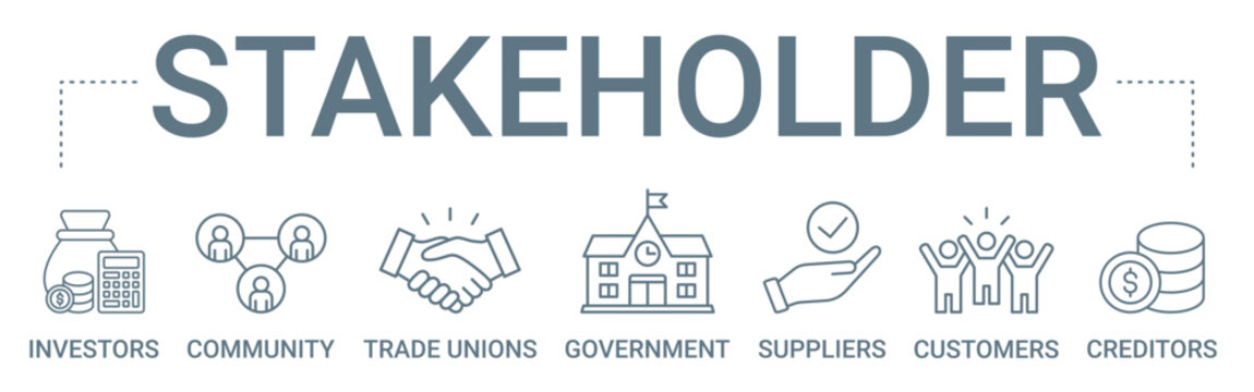 Stakeholder concept banner icon contain of investors, community, trade unions, government, suppliers, customers, and creditors vector illustration