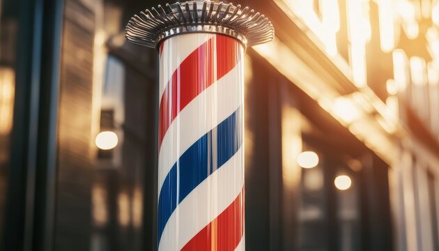 Close-up of a vintage barber pole glowing in the evening light, perfect for representing traditional grooming services and barbershop history - Powered by Adobe