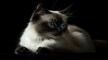 A close-up of a beautiful cat with striking blue eyes against a dark background.